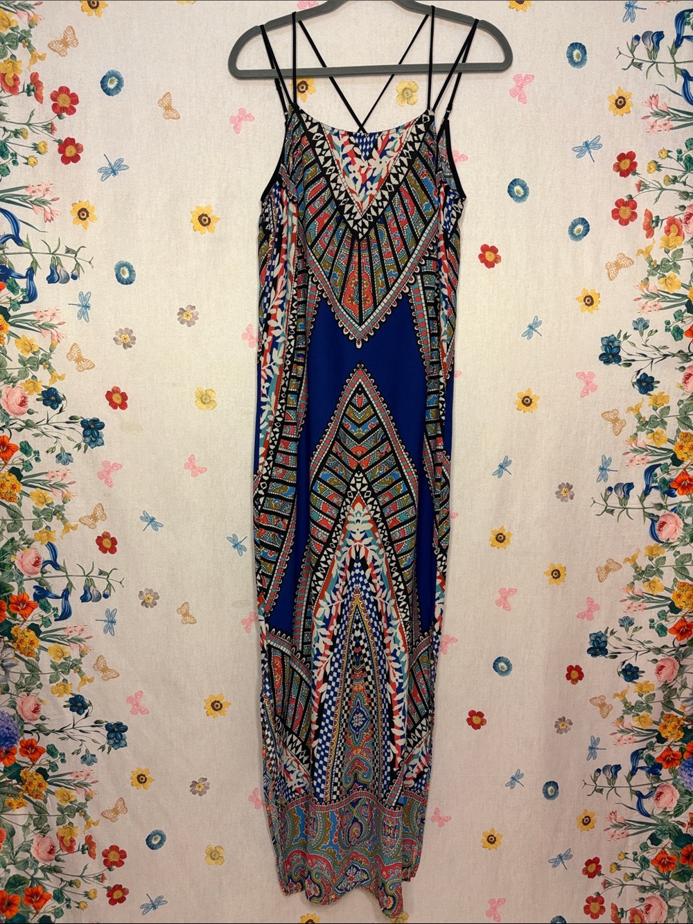 Anthro Greylin - Tribal Motif Navy Maxi Dress w/ Side Slits & Adjustable Ties